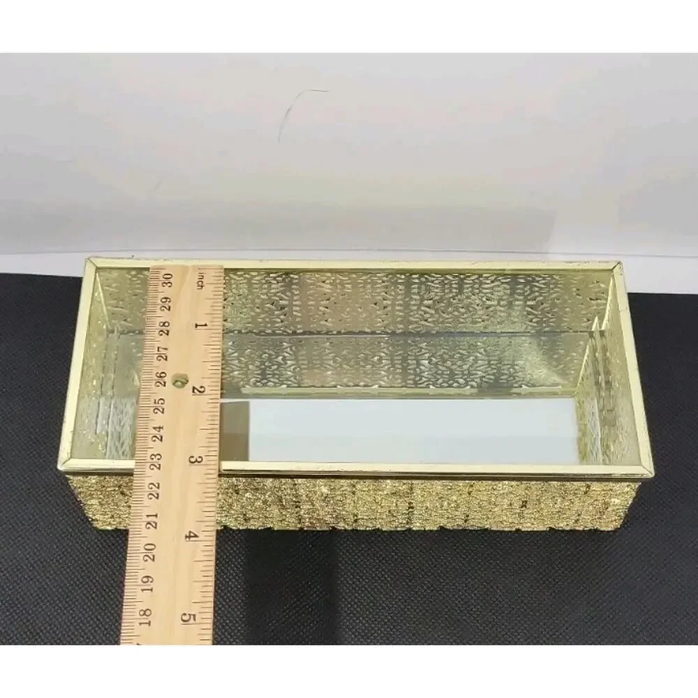 Studio Silversmiths Gold Mirrored Jewelry Box Glass Filigree Vanity Trinket Box